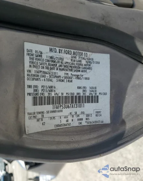 2007 Ford Taurus Se from USA, damaged, VIN 1FAFP53U67A131011